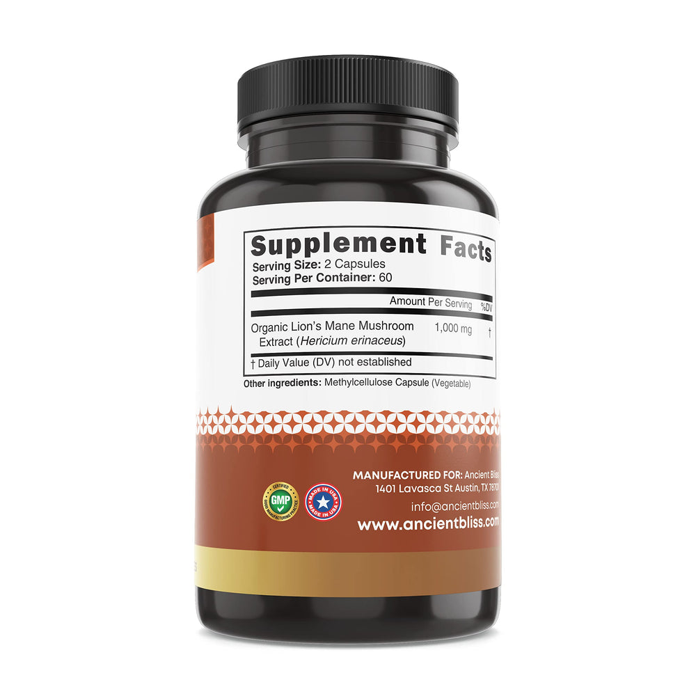 Close-up of Ancient Bliss Lion’s Mane capsules highlighting vegan formula for mental clarity.