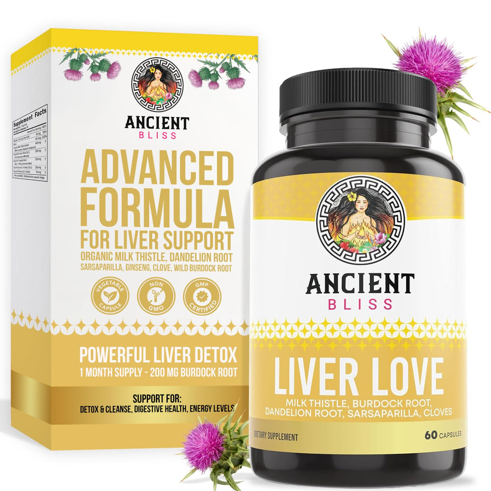 Ancient Bliss Liver Love bottle label shows natural ingredients for daily wellness.