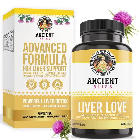 Ancient Bliss Liver Love bottle label shows natural ingredients for daily wellness.
