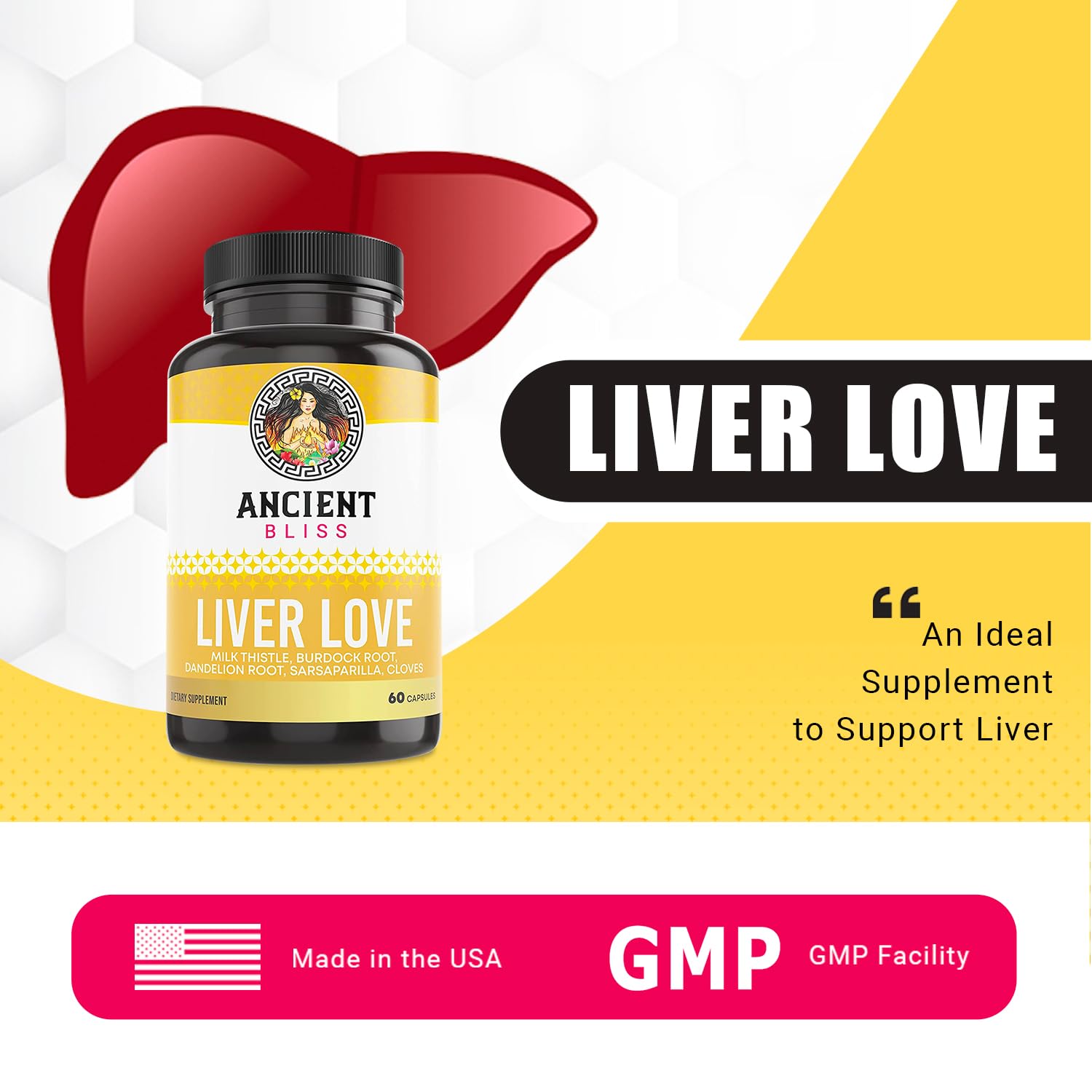 Ancient Bliss Liver Love capsules closeup highlights a herb blend for daily support.