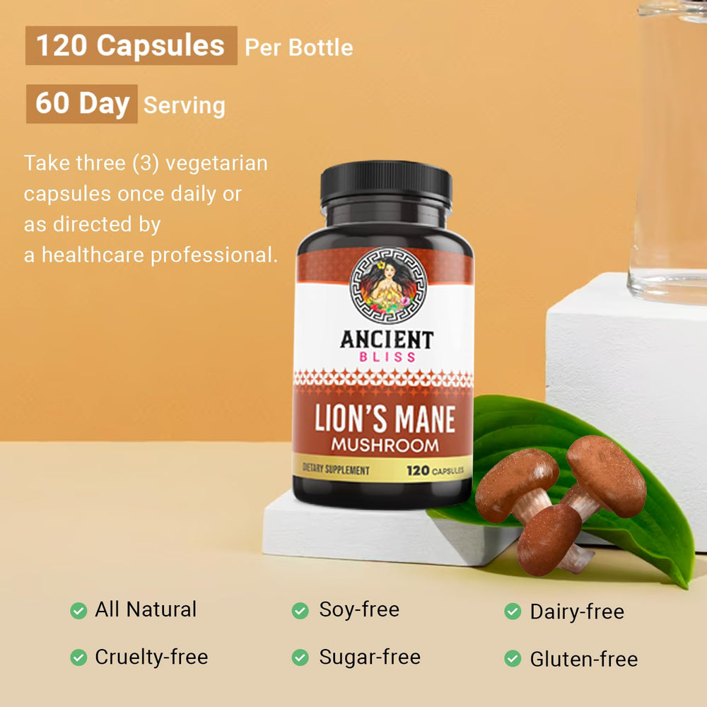 Ancient Bliss reishi maitake cordyceps set beside Lion’s Mane bottle.