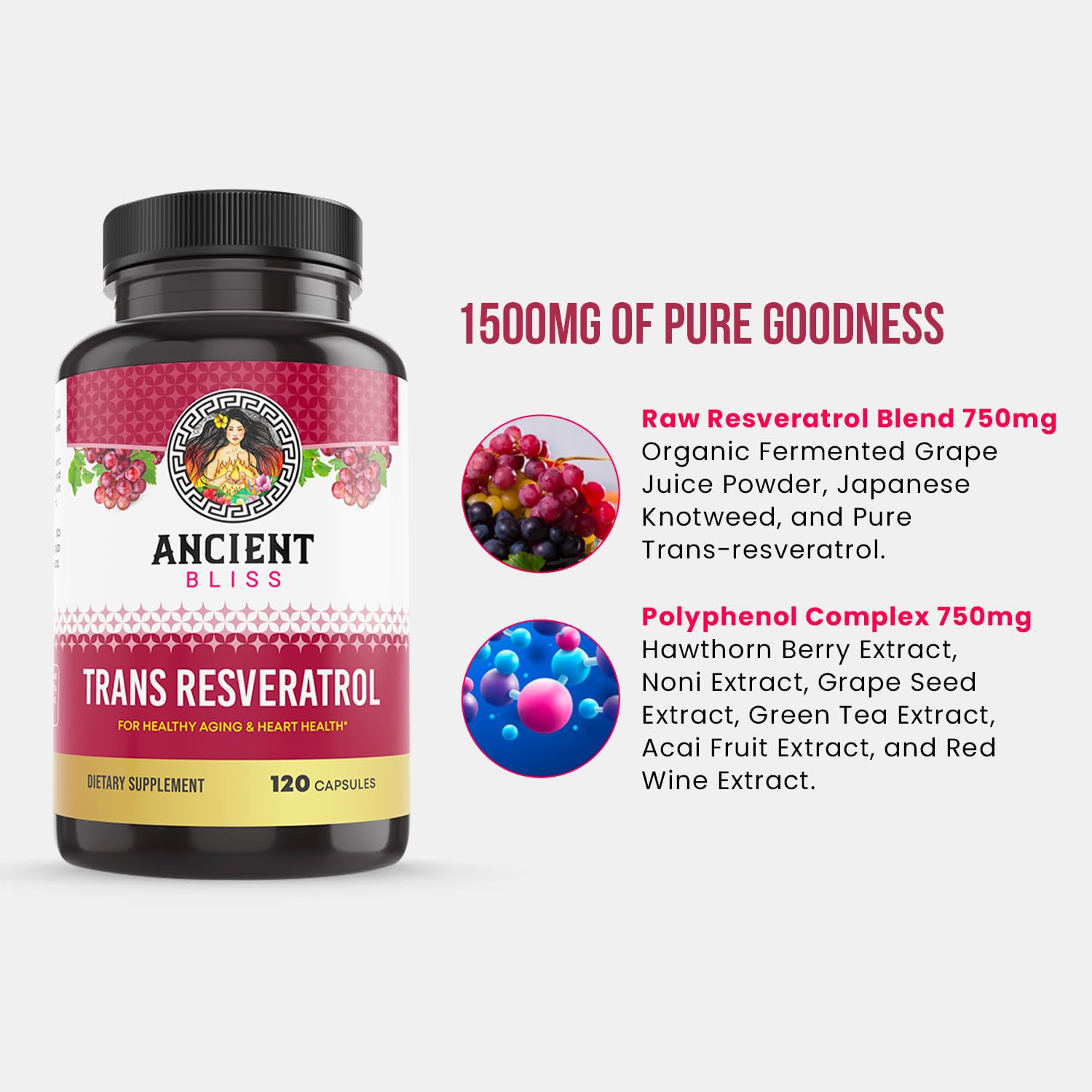 Ancient Bliss Resveratrol with green tea extract for gentle energy.