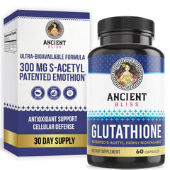 Ancient Bliss S-Acetyl Glutathione bottle shown for daily antioxidant support.