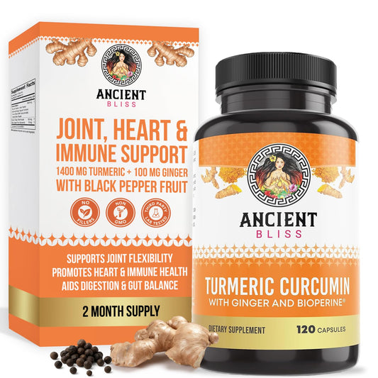 Ancient Bliss turmeric curcumin bottle with ginger and Bioperine for daily wellness