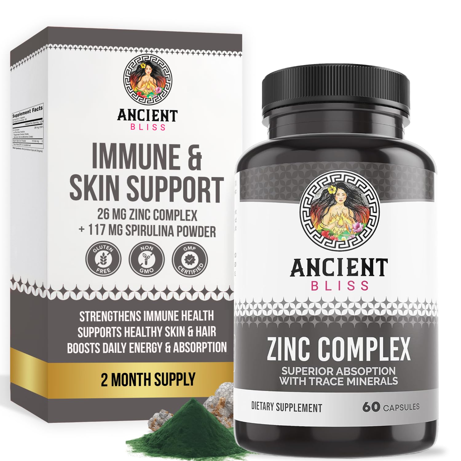 Ancient Bliss Zinc Complex bottle with capsules, convenient daily immune support.