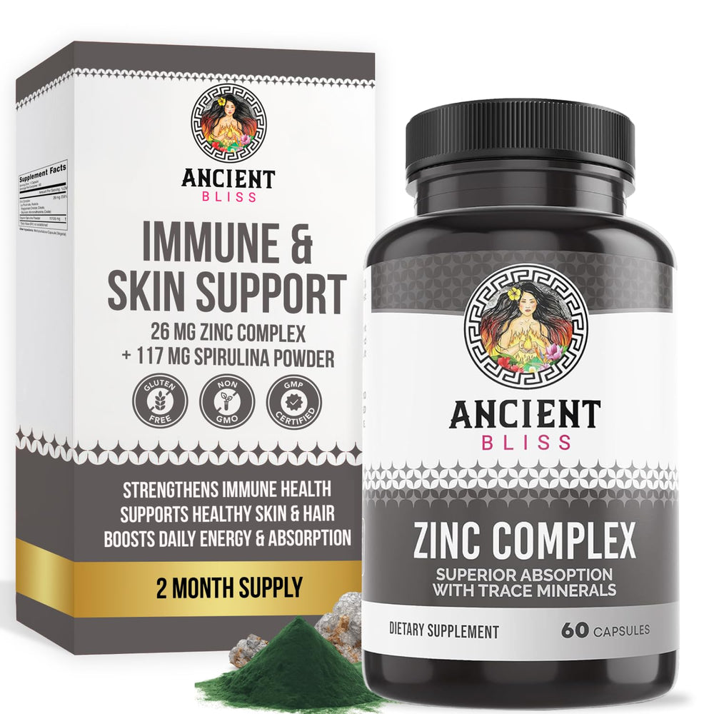 Ancient Bliss Zinc Complex bottle with capsules, convenient daily immune support.