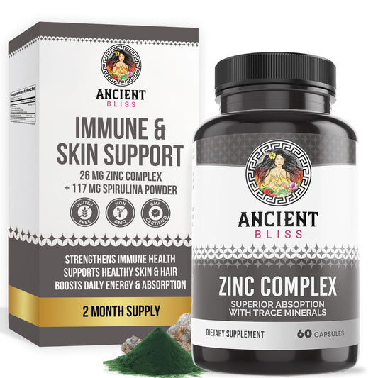 Ancient Bliss Zinc Complex bottle with capsules, convenient daily immune support.