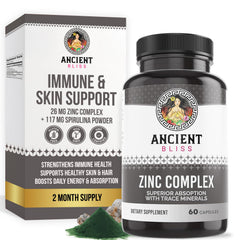 Ancient Bliss Zinc Complex bottle with capsules, convenient daily immune support.