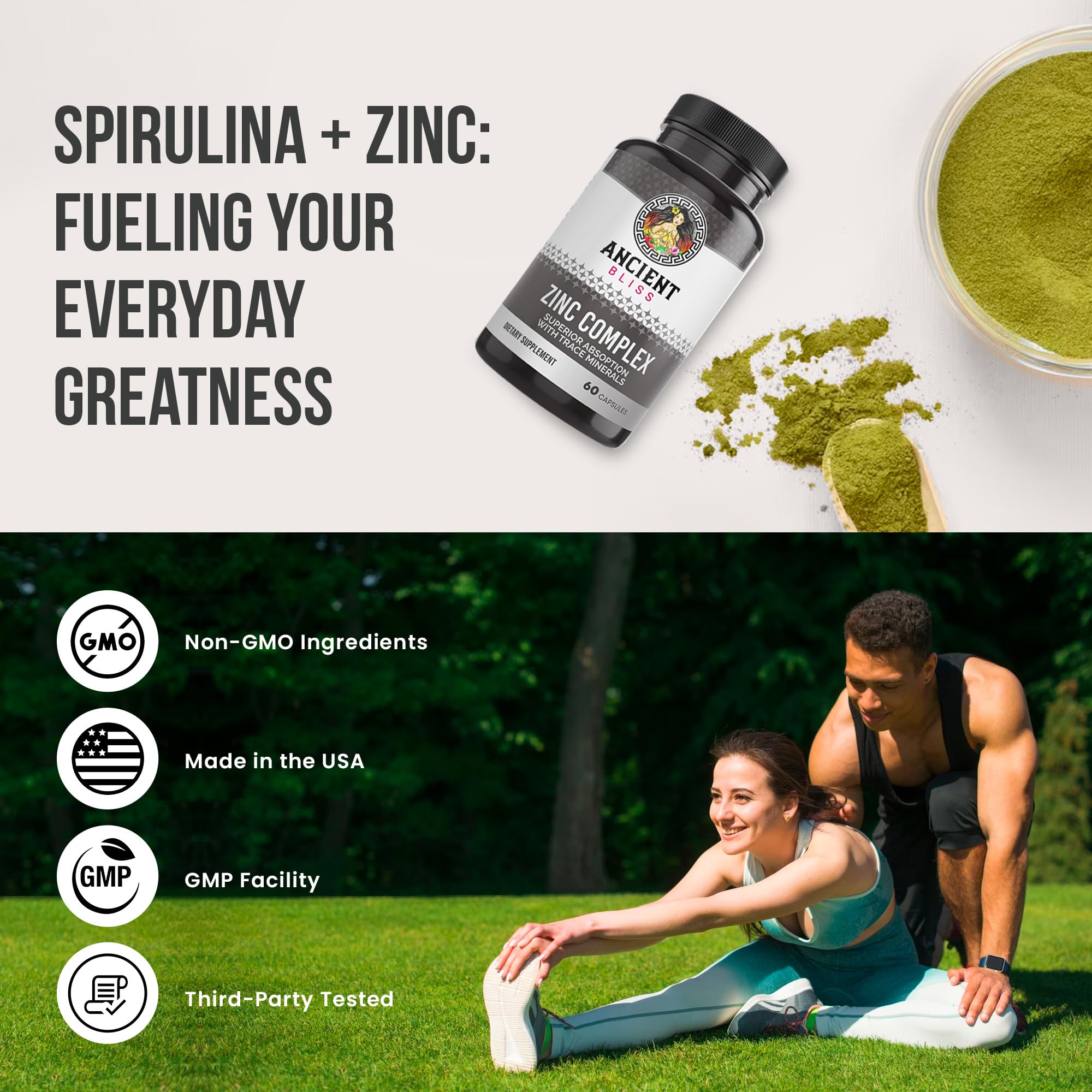 Ancient Bliss Zinc Complex packaging on a shelf, signaling trusted immune support.