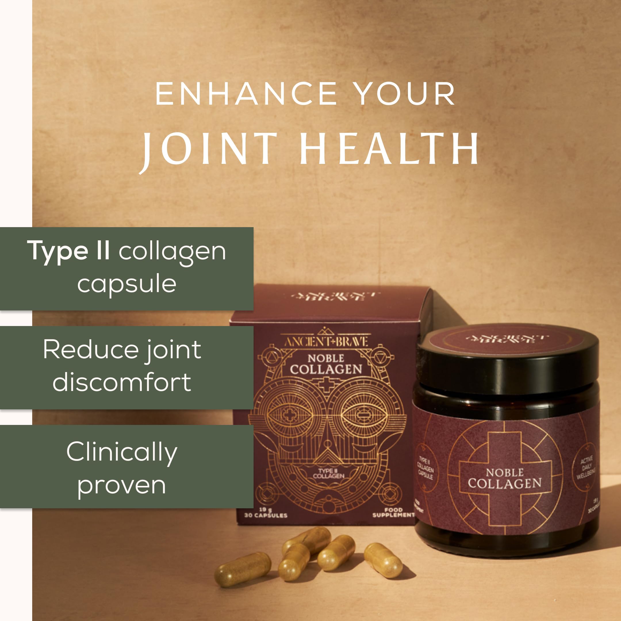 Ancient + Brave Noble Capsules close-up of vegan capsules for joints.