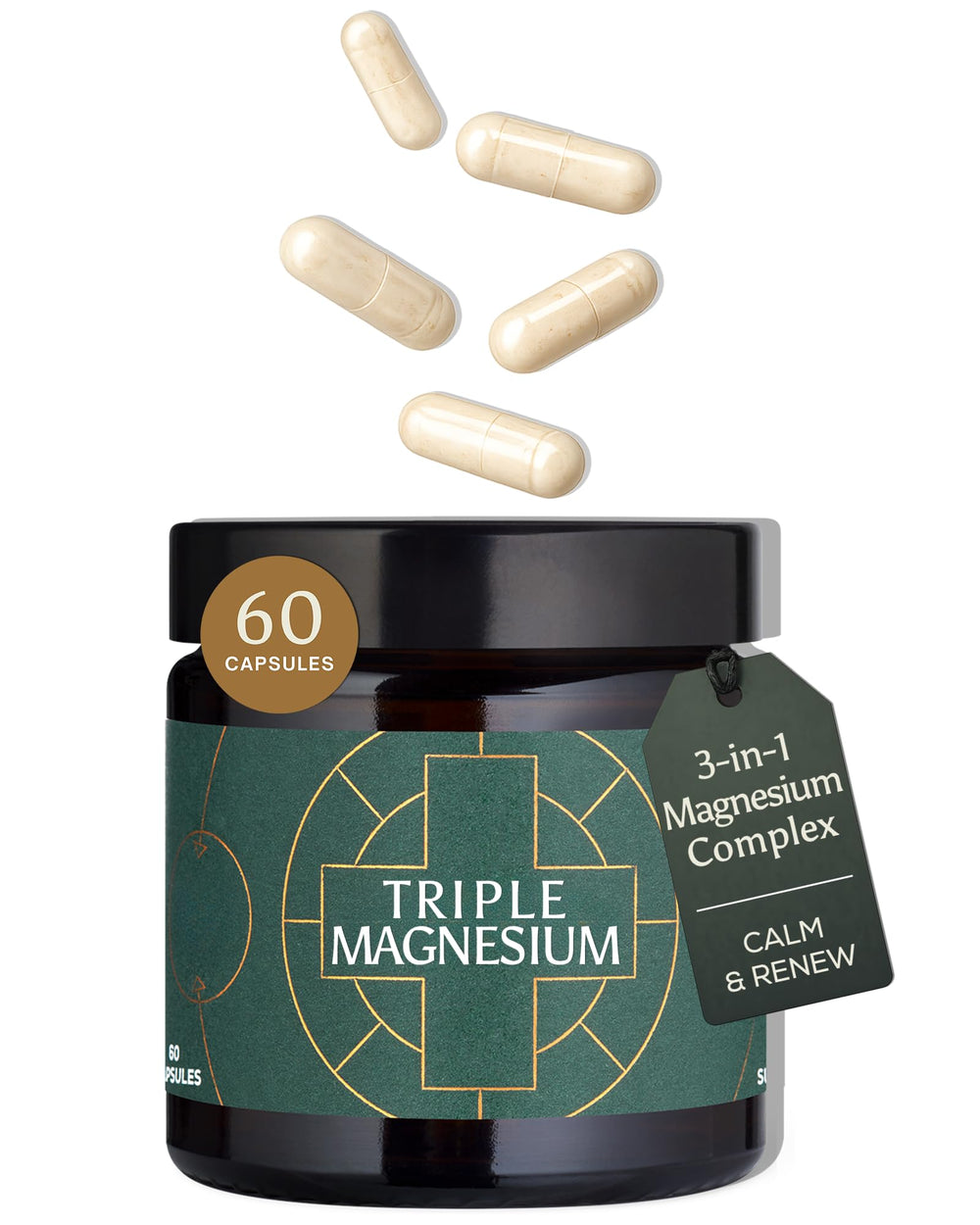 Ancient + Brave Triple Magnesium capsules in a pack-shot for daily calm and energy.