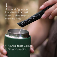 Ancient Brave True Collagen packets dissolving in a drink, supports easy hot or cold use.