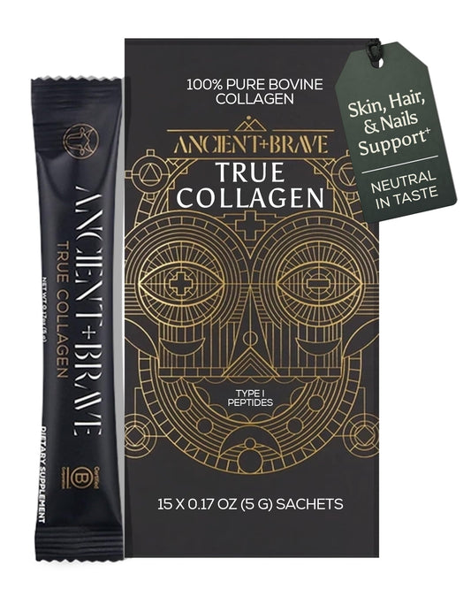 Ancient Brave True Collagen packets front view for easy daily skin support.