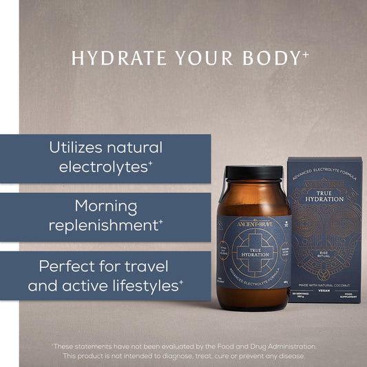 Ancient + Brave True Hydration powder in glass for quick hydration and clarity