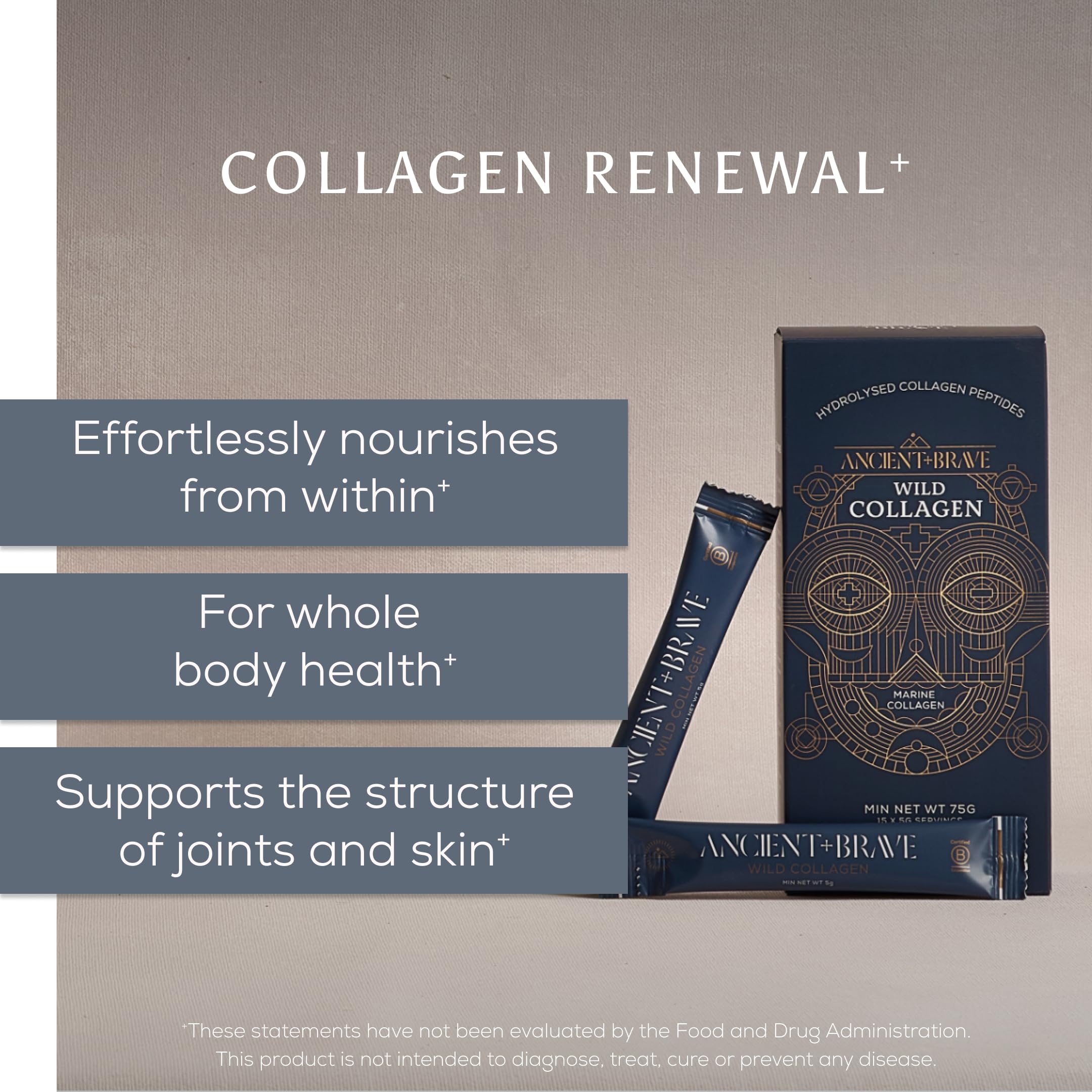 Ancient + Brave collagen sachets poured into coffee for smooth taste.