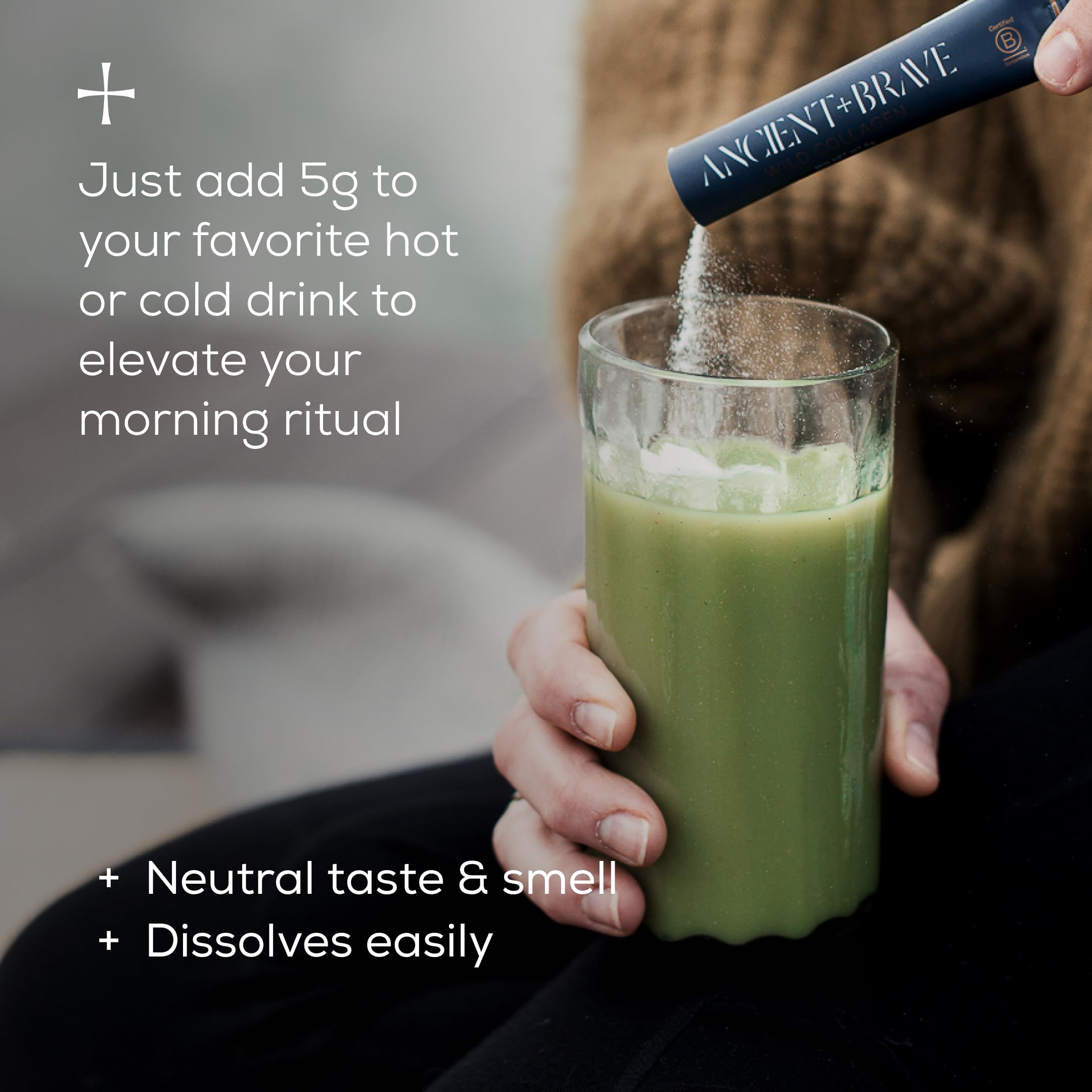 Ancient + Brave collagen powder supports skin hydration and hair strength.