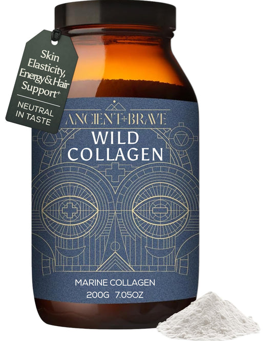 Ancient + Brave Wild Marine Collagen bottle for daily skin support and vitality.