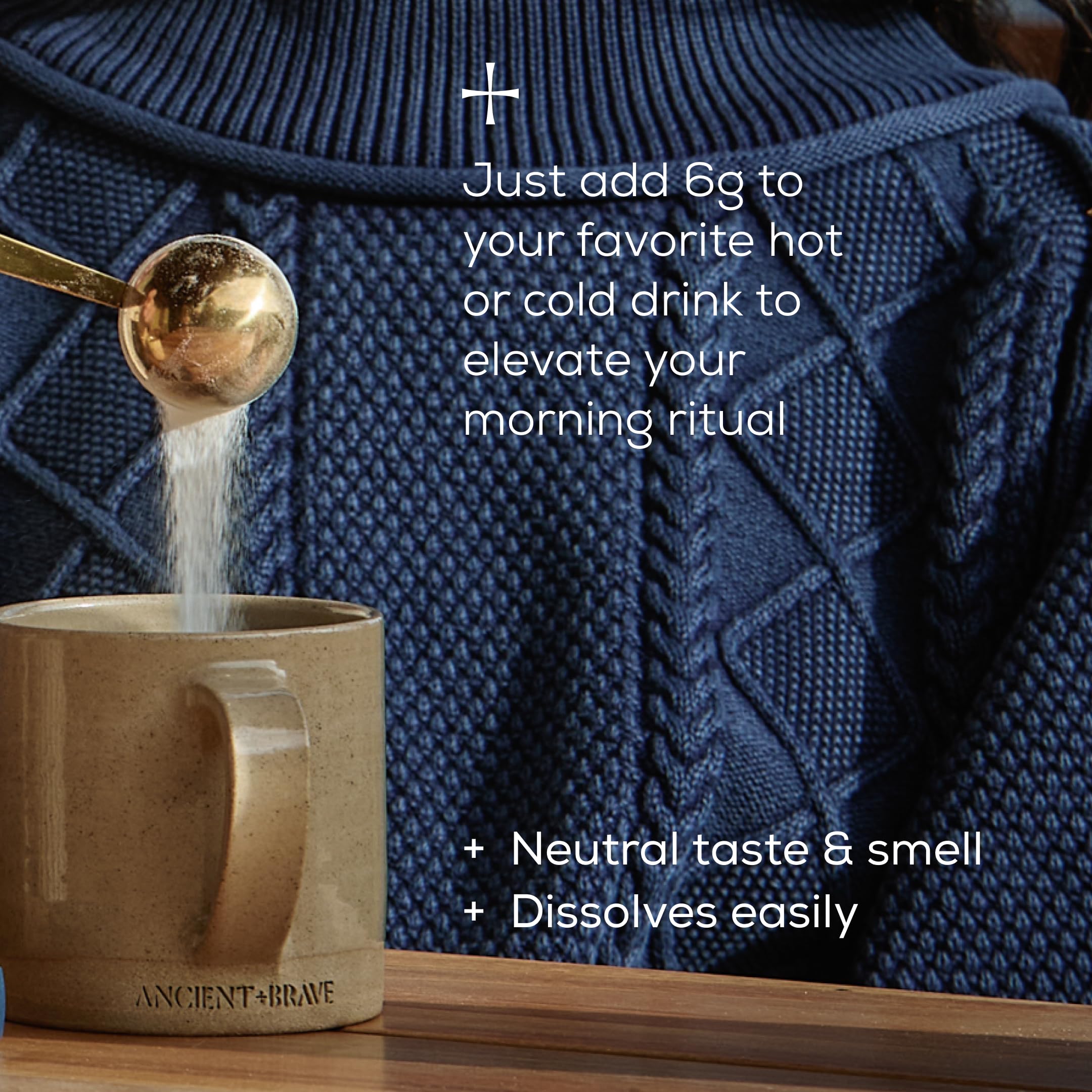 Ancient + Brave Wild Marine Collagen powder dissolving in coffee with a smooth blend.