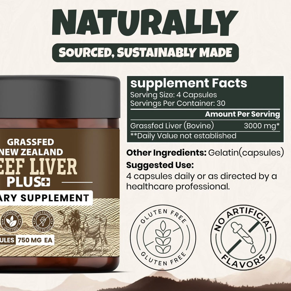 ANCIENT DIOSA grassfed beef liver capsules closeup highlighting 3000 mg per serving.