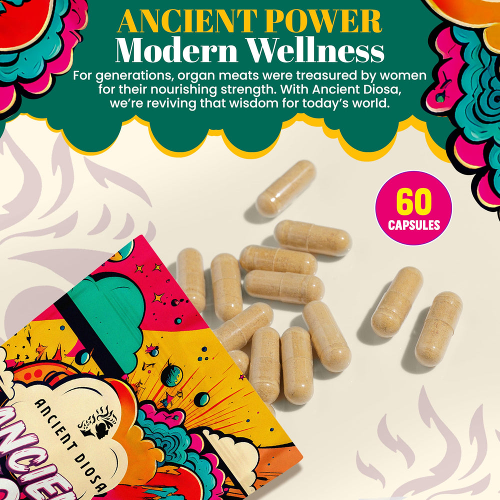 ANCIENT DIOSA organ-blend formula graphic highlights liver and heart nutrient pairings.