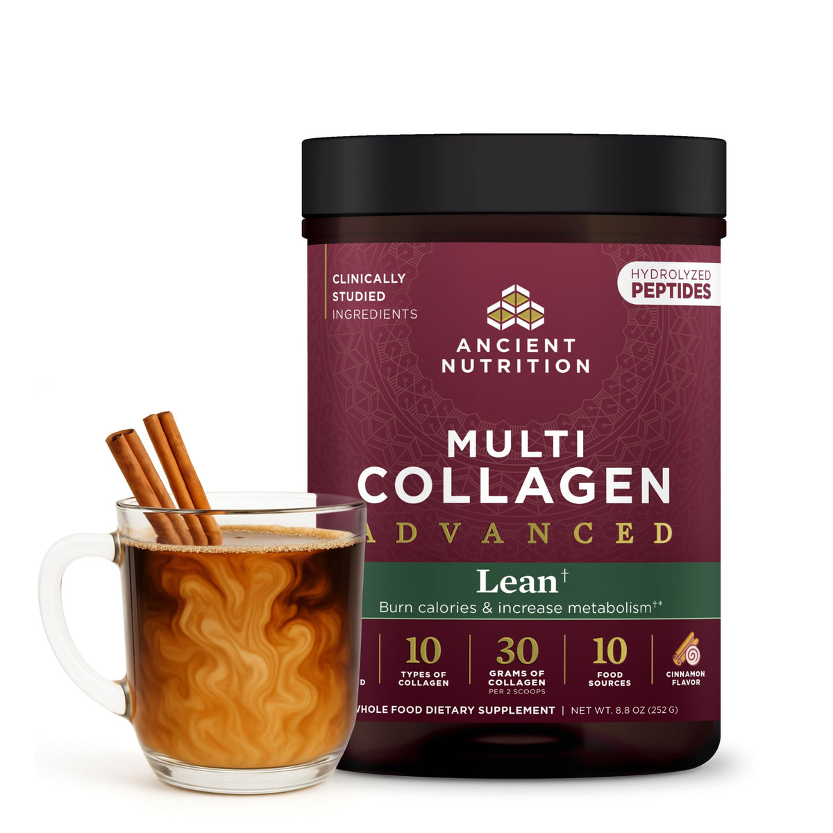 Ancient Nutrition advanced hydrolyzed collagen powder bottle supports lean body composition with daily use.