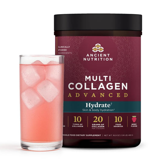 Ancient Nutrition Advanced Multi Collagen Hydrate bottle with mixed berry flavor for enhanced hydration.