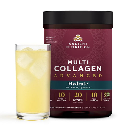 Ancient Nutrition Advanced Multi Collagen Hydrate bottle shows lemon-lime flavor for on-the-go hydration.