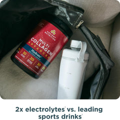 Ancient Nutrition Advanced Multi Collagen Hydrate glass reveals refreshing hydration in lemon-lime.