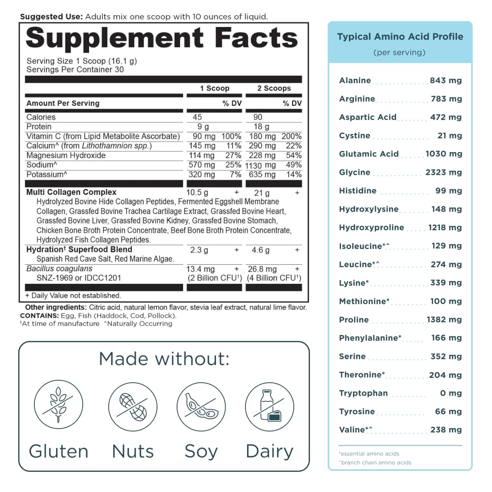 Ancient Nutrition Advanced Multi Collagen Hydrate ingredients display 10 collagen sources.