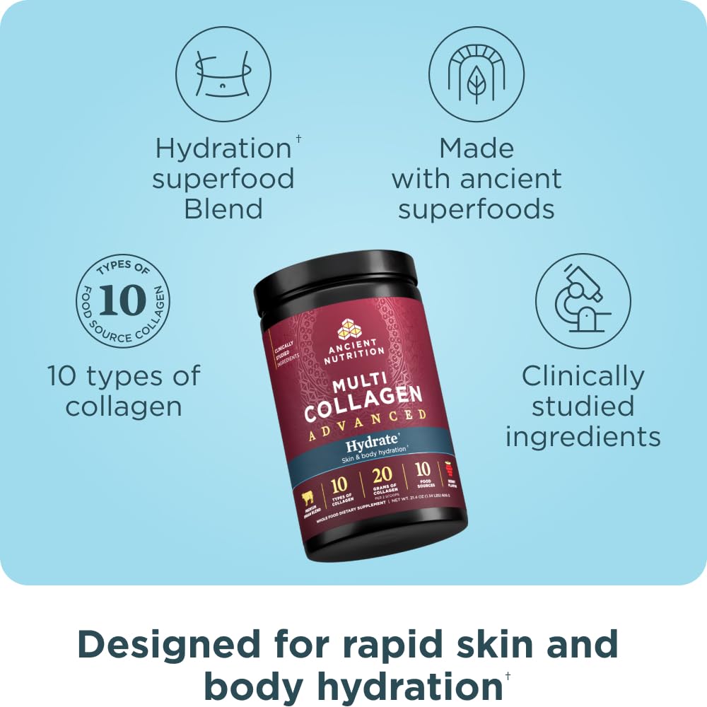 Ancient Nutrition Advanced Multi Collagen Hydrate scoop beside water highlighting electrolyte minerals.