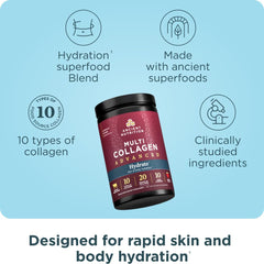 Ancient Nutrition Advanced Multi Collagen Hydrate scoop beside water highlighting electrolyte minerals.