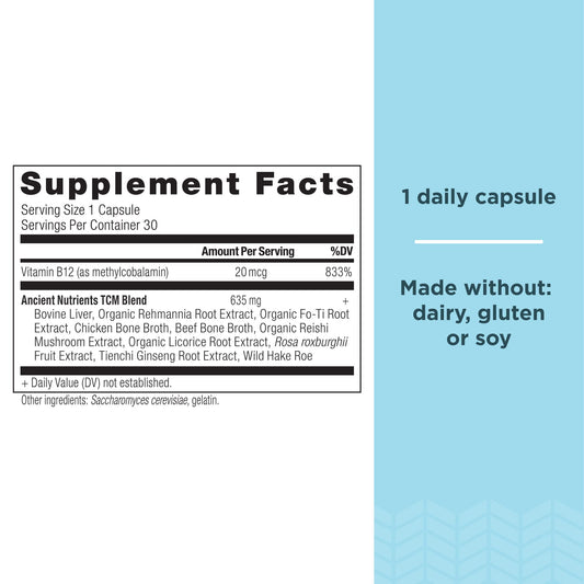 Ancient Nutrition B12 capsules close-up highlighting nervous system support