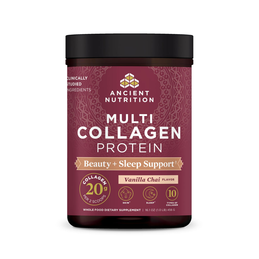 Ancient Nutrition Beauty Sleep Vanilla Chai tub front shows collagen blend for skin and nails