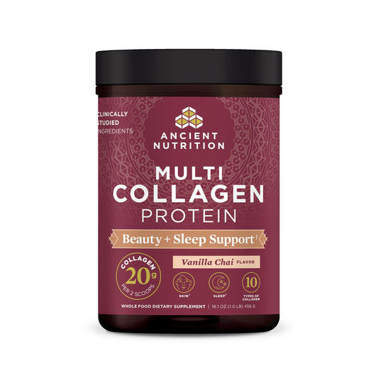Ancient Nutrition Beauty Sleep Vanilla Chai tub front shows collagen blend for skin and nails