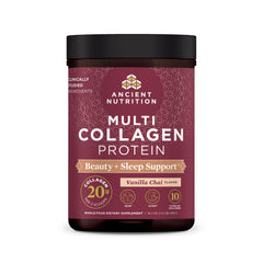Ancient Nutrition Beauty Sleep Vanilla Chai tub front shows collagen blend for skin and nails