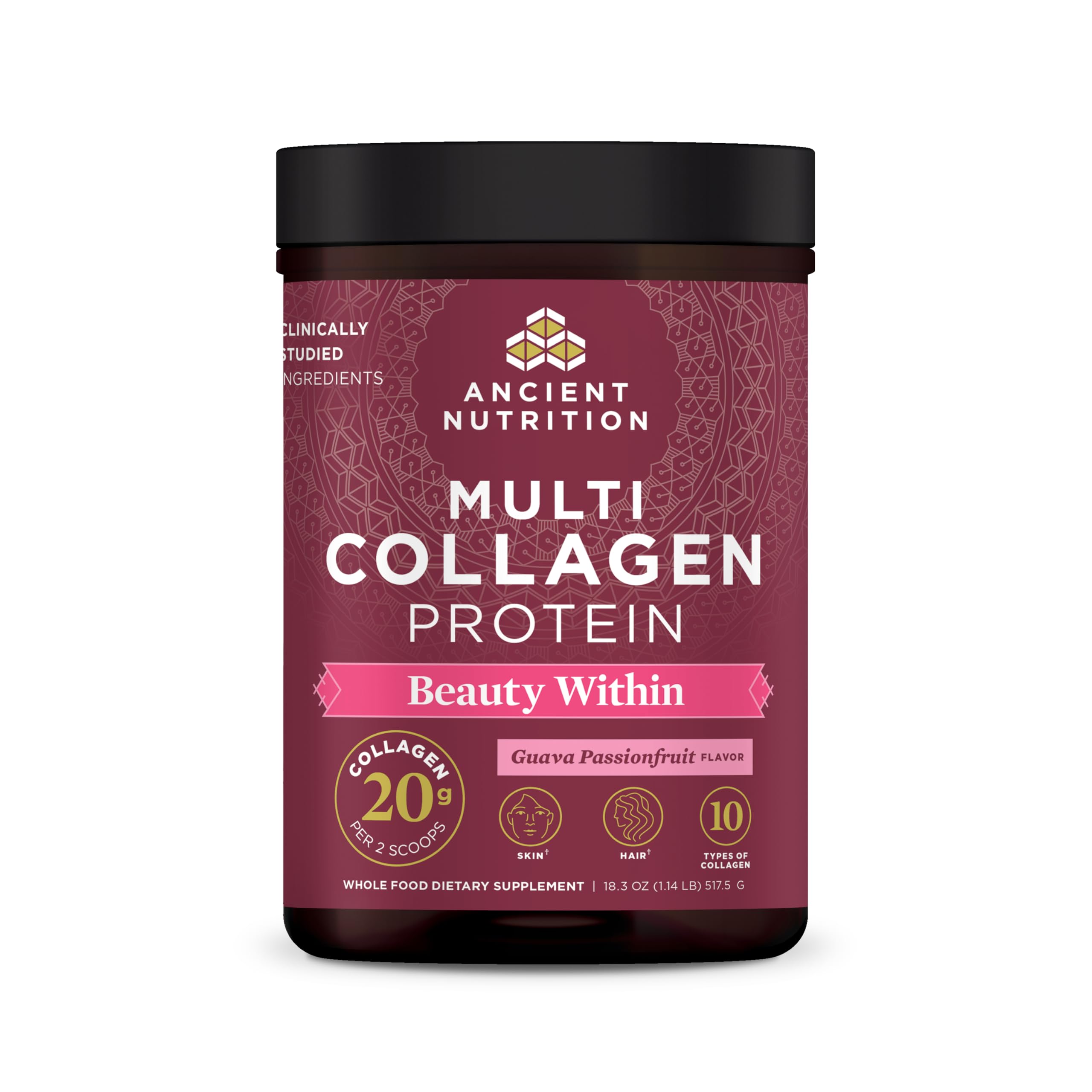 Ancient Nutrition Beauty Within tub with guava passionfruit flavor for daily use