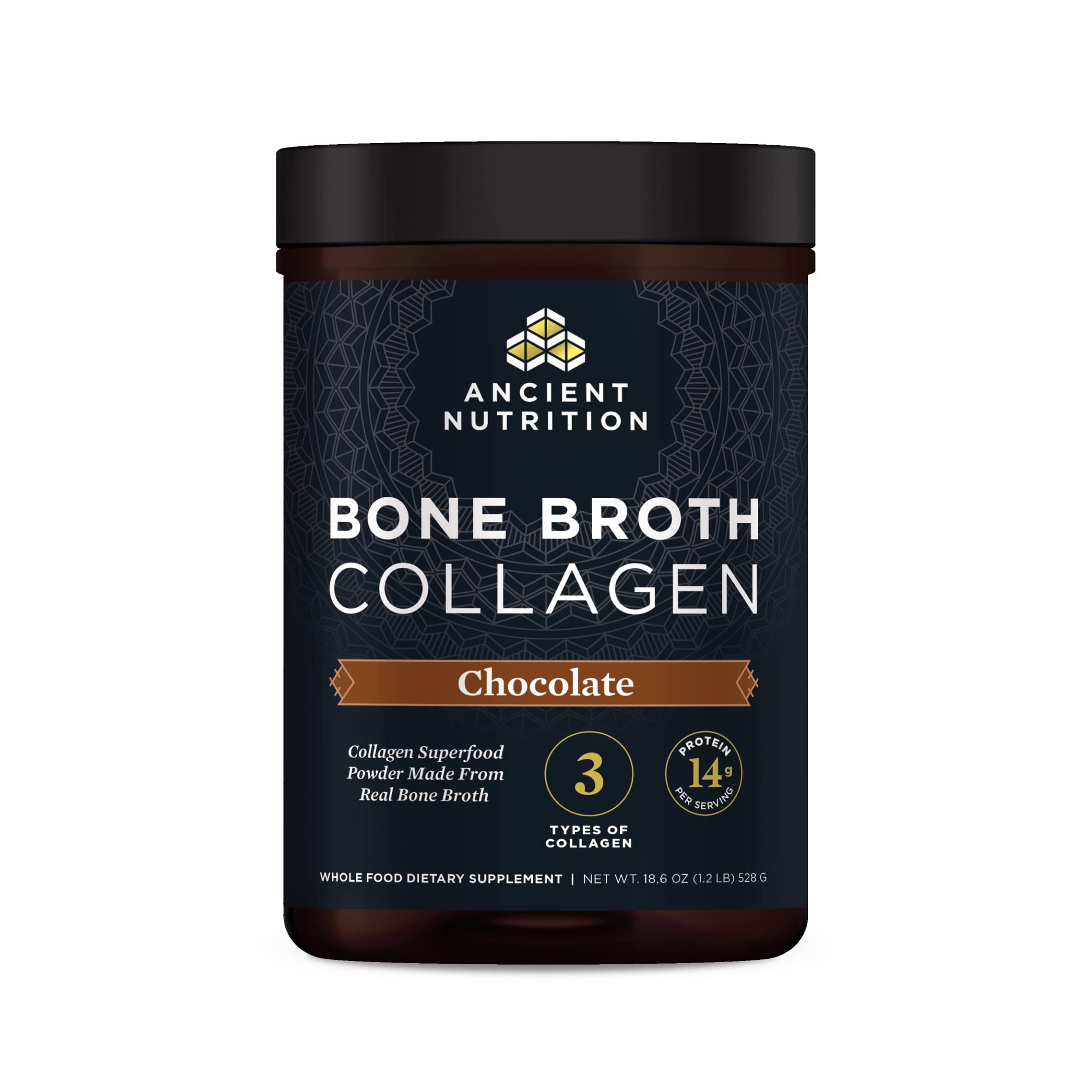Ancient Nutrition bone-broth-collagen-chocolate-tub on shelf; supports skin and joints.