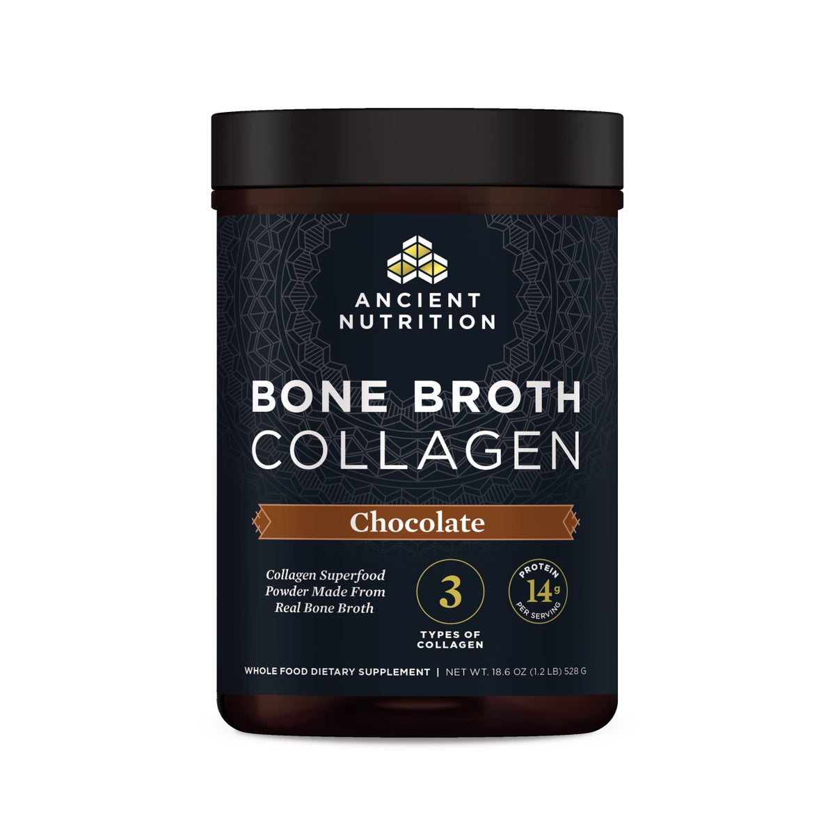 Ancient Nutrition bone-broth-collagen-chocolate-tub on shelf; supports skin and joints.