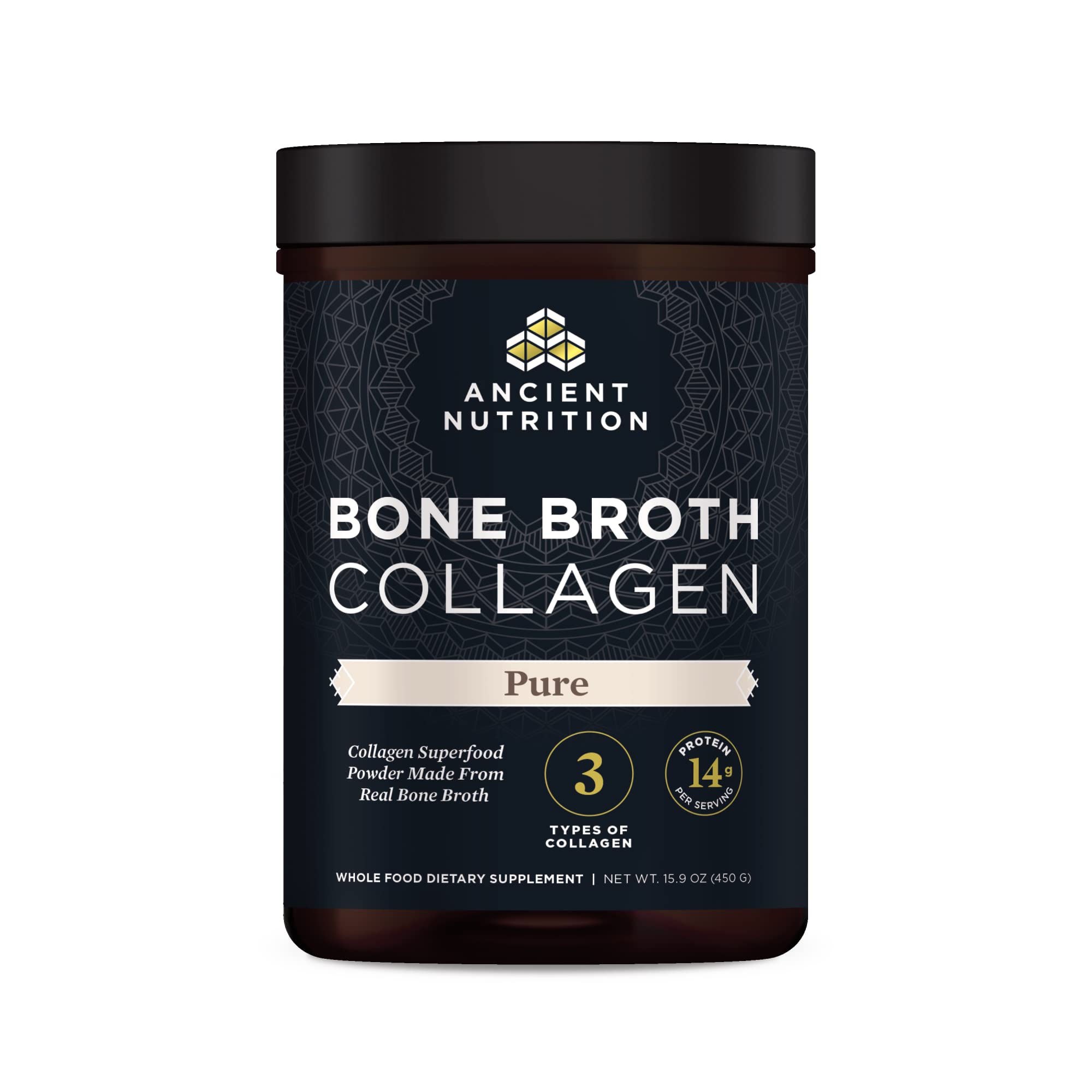 Ancient Nutrition Bone Broth Collagen bottle close-up showing convenient protein source.