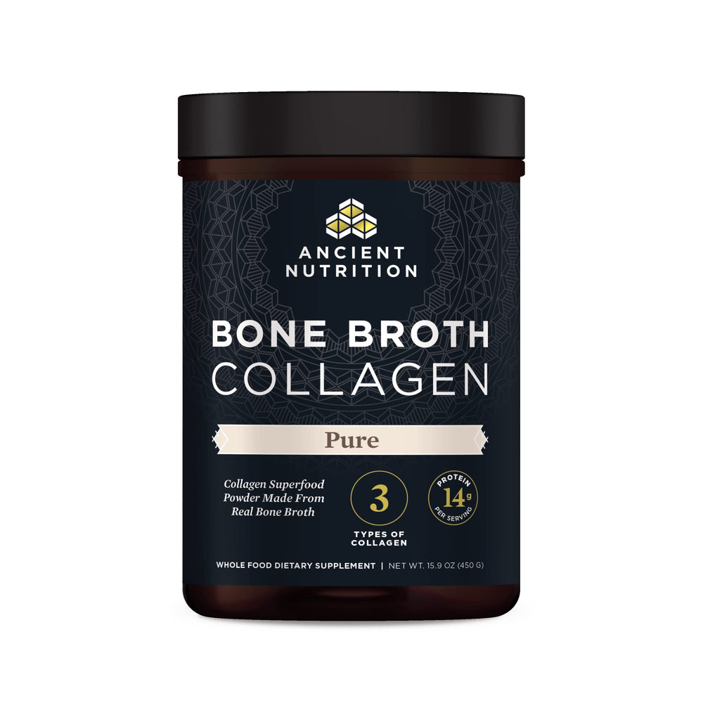Ancient Nutrition Bone Broth Collagen bottle close-up showing convenient protein source.