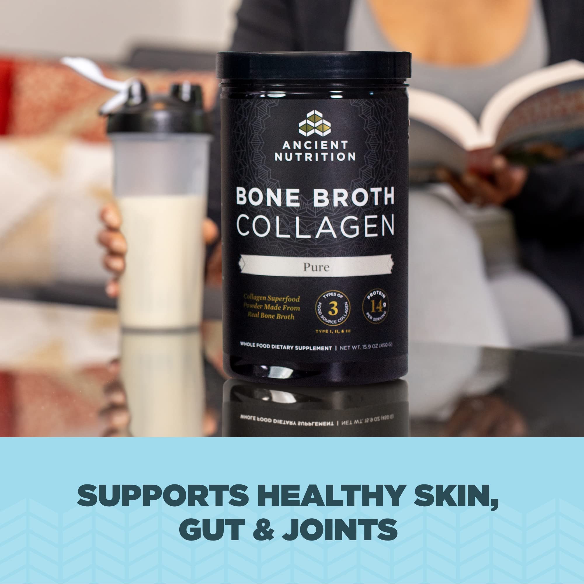 Ancient Nutrition bone broth collagen powder being added to a smoothie for daily protein.