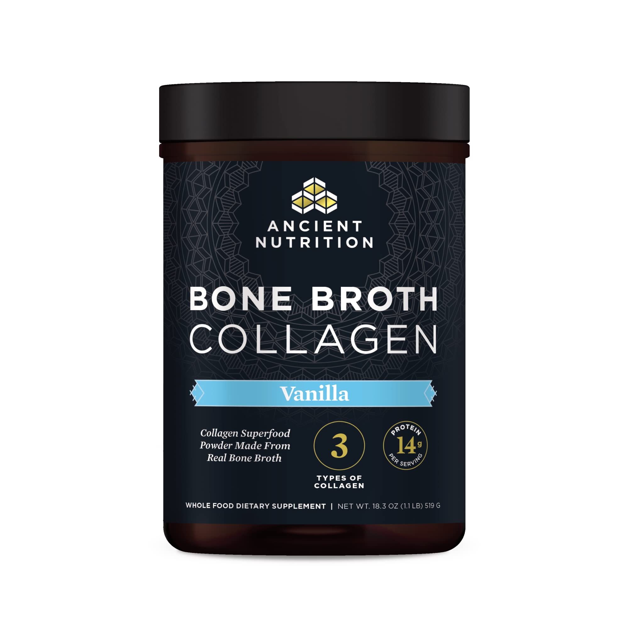 Ancient Nutrition bone broth collagen vanilla bottle for easy daily mixing