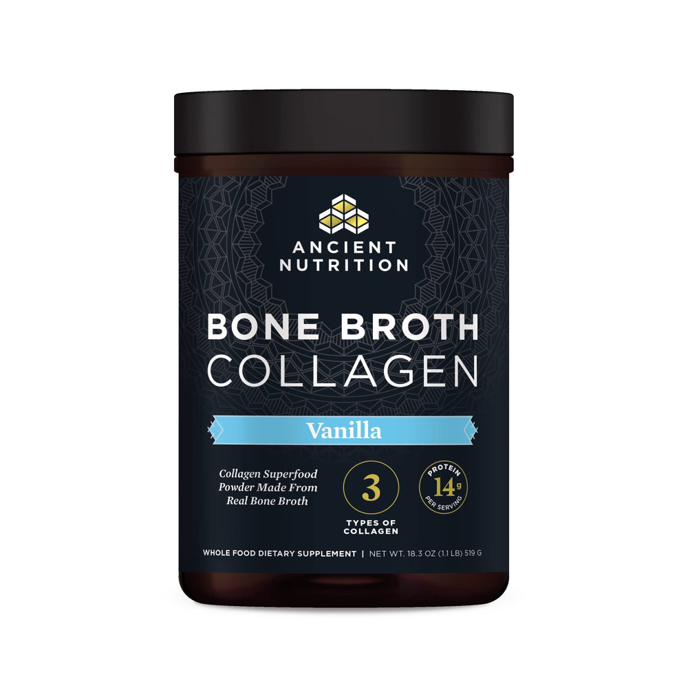 Ancient Nutrition bone broth collagen vanilla bottle for easy daily mixing