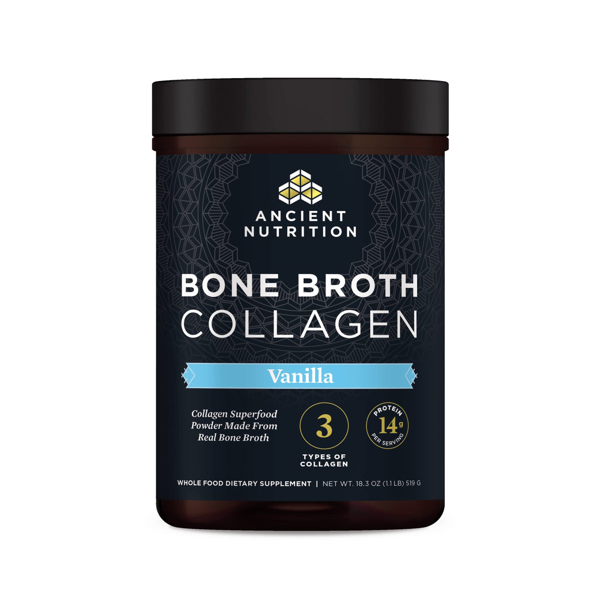 Ancient Nutrition bone broth collagen vanilla bottle for easy daily mixing