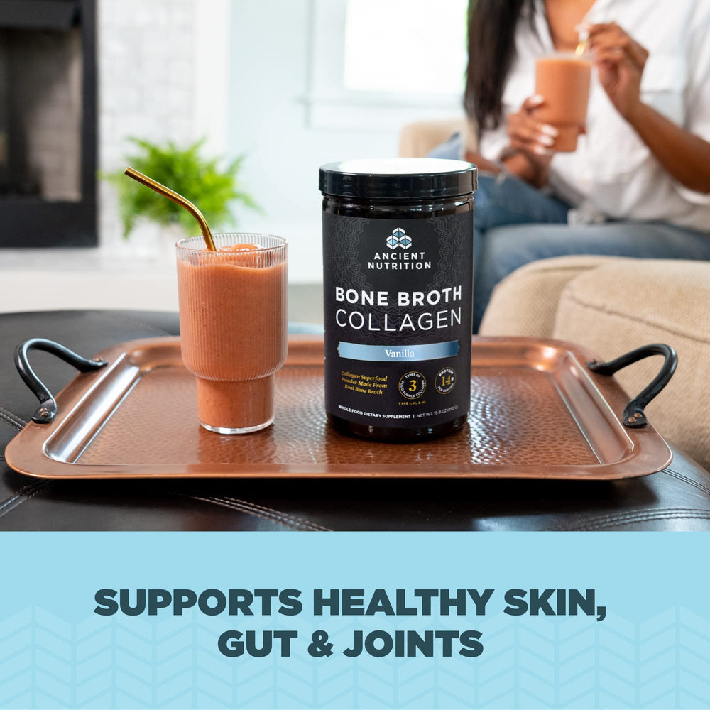 Ancient Nutrition bone broth collagen vanilla coffee mix adds protein to morning coffee