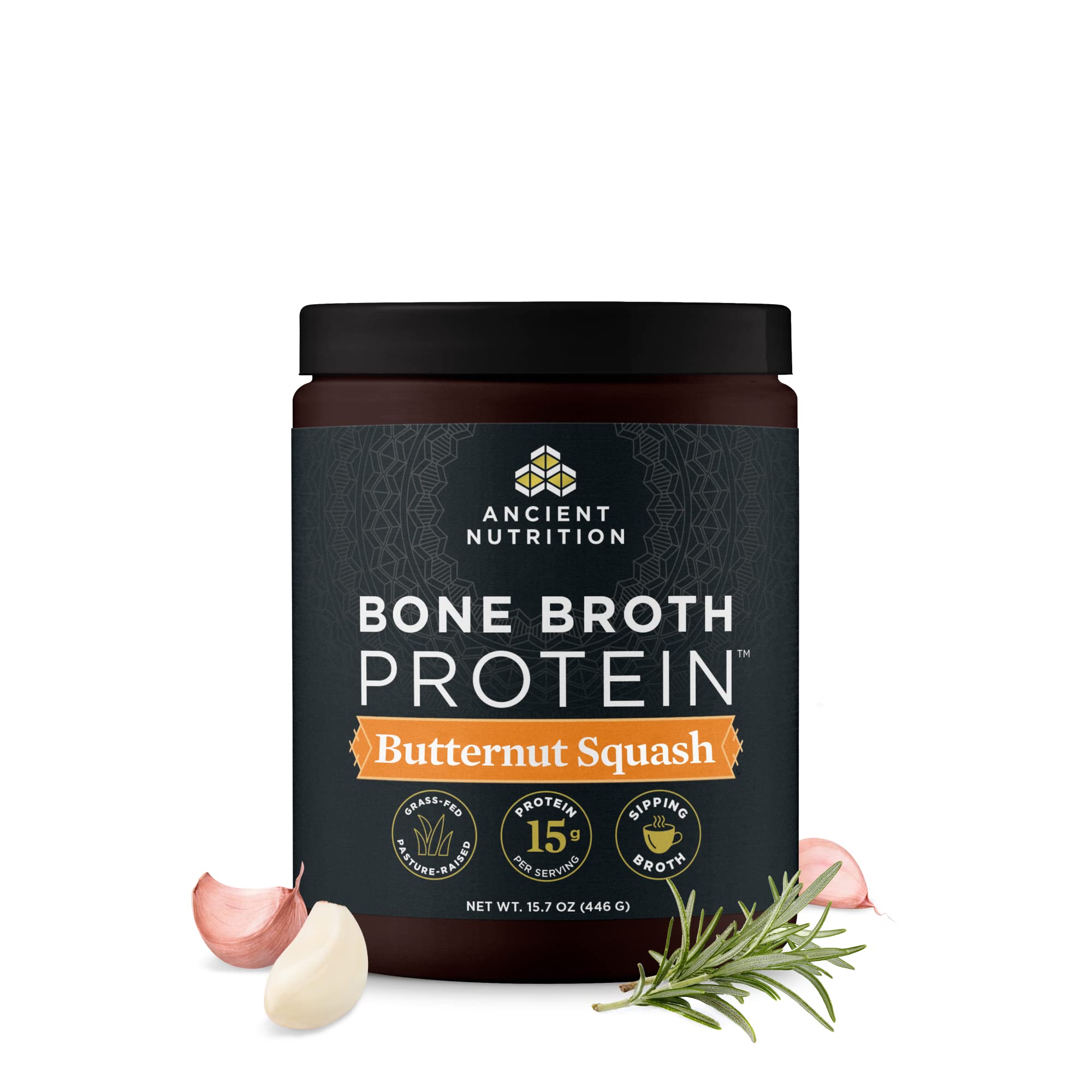 Ancient Nutrition Bone Broth Protein Powder butternut squash tub for gut-friendly nutrition and flavor