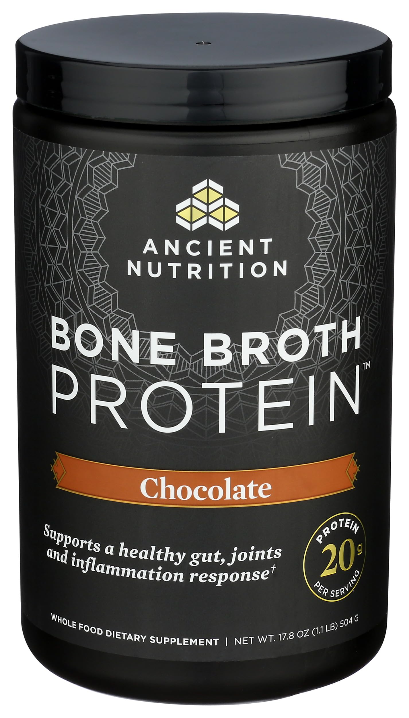 Chocolate shake made with Ancient Nutrition bone broth protein powder for a satisfying boost