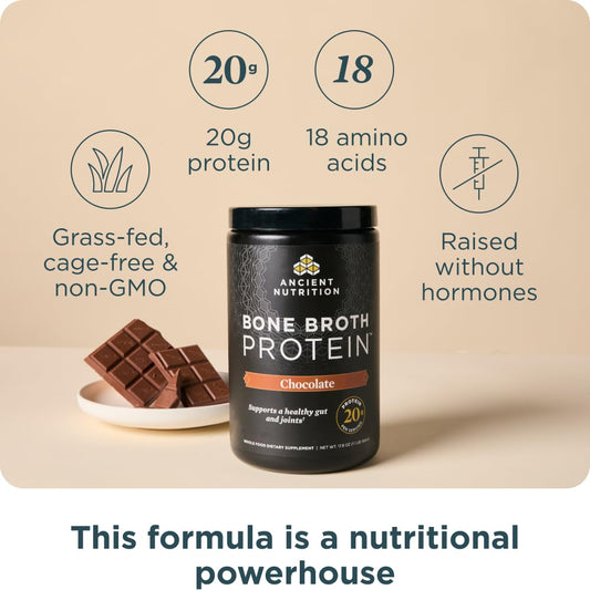 Ancient Nutrition bone broth protein powder chocolate tub back with ingredient details