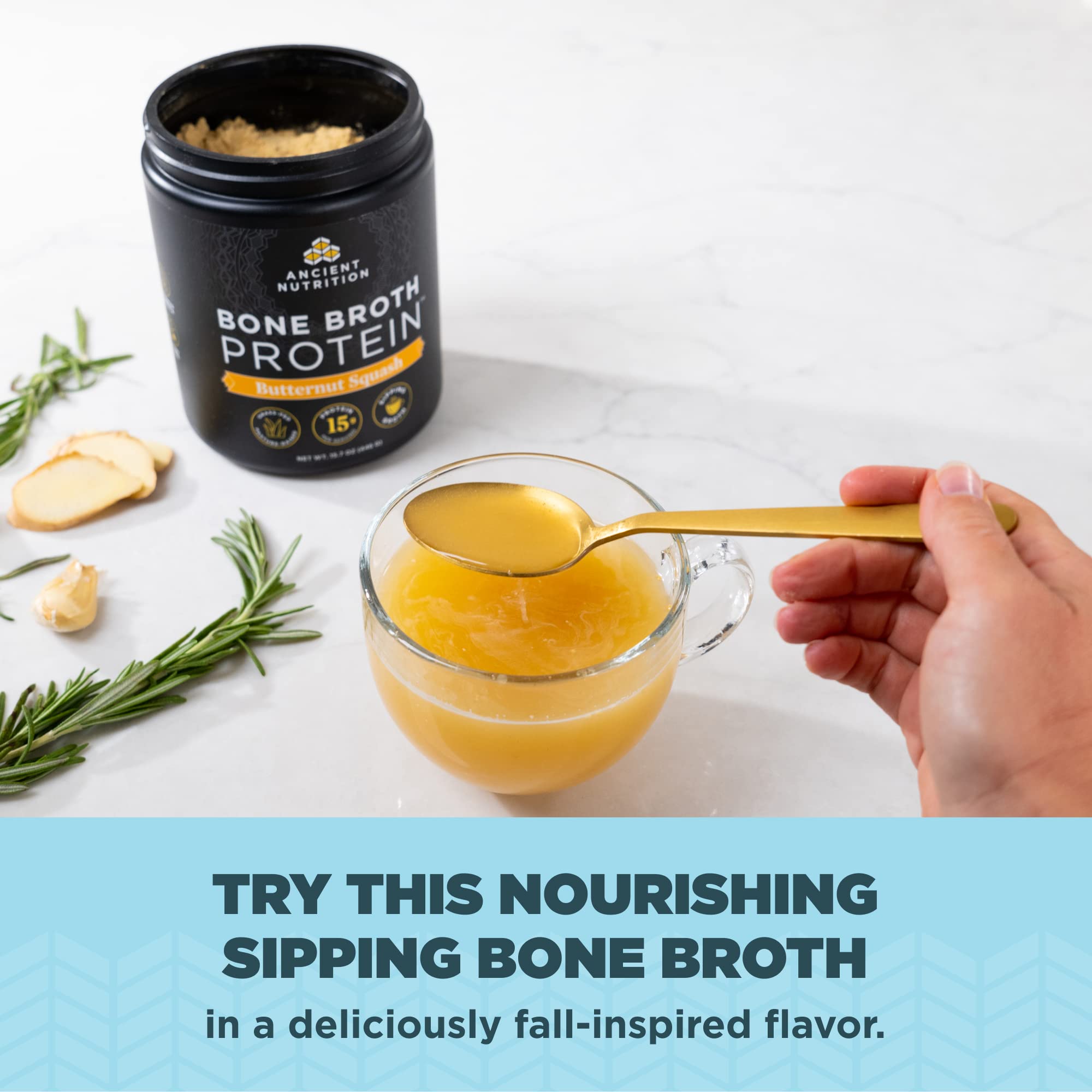 Ancient Nutrition bone broth protein label highlighting grass-fed, hormone-free ingredients