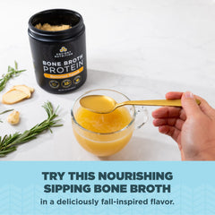 Ancient Nutrition bone broth protein label highlighting grass-fed, hormone-free ingredients